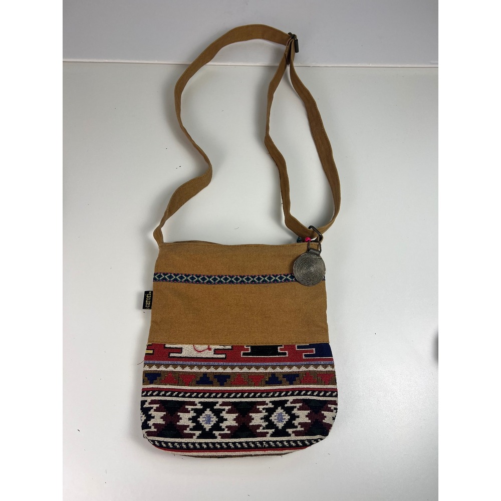 Carori Tan Canvas Aztec Tribal Print Crossbody Bag Boho Festival